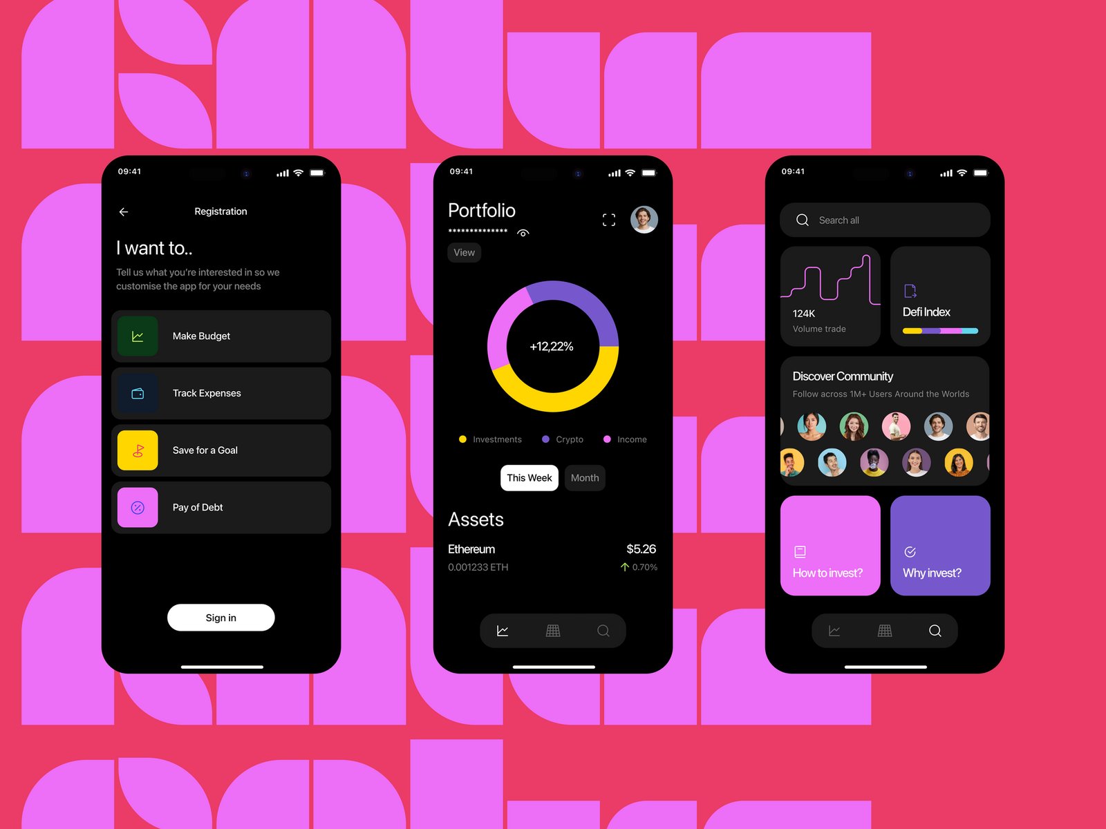 CashCraze — Registration, portfolio and community screens