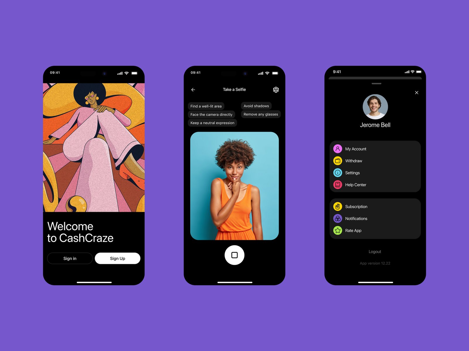 CashCraze — Welcome screen, selfie verification and profile