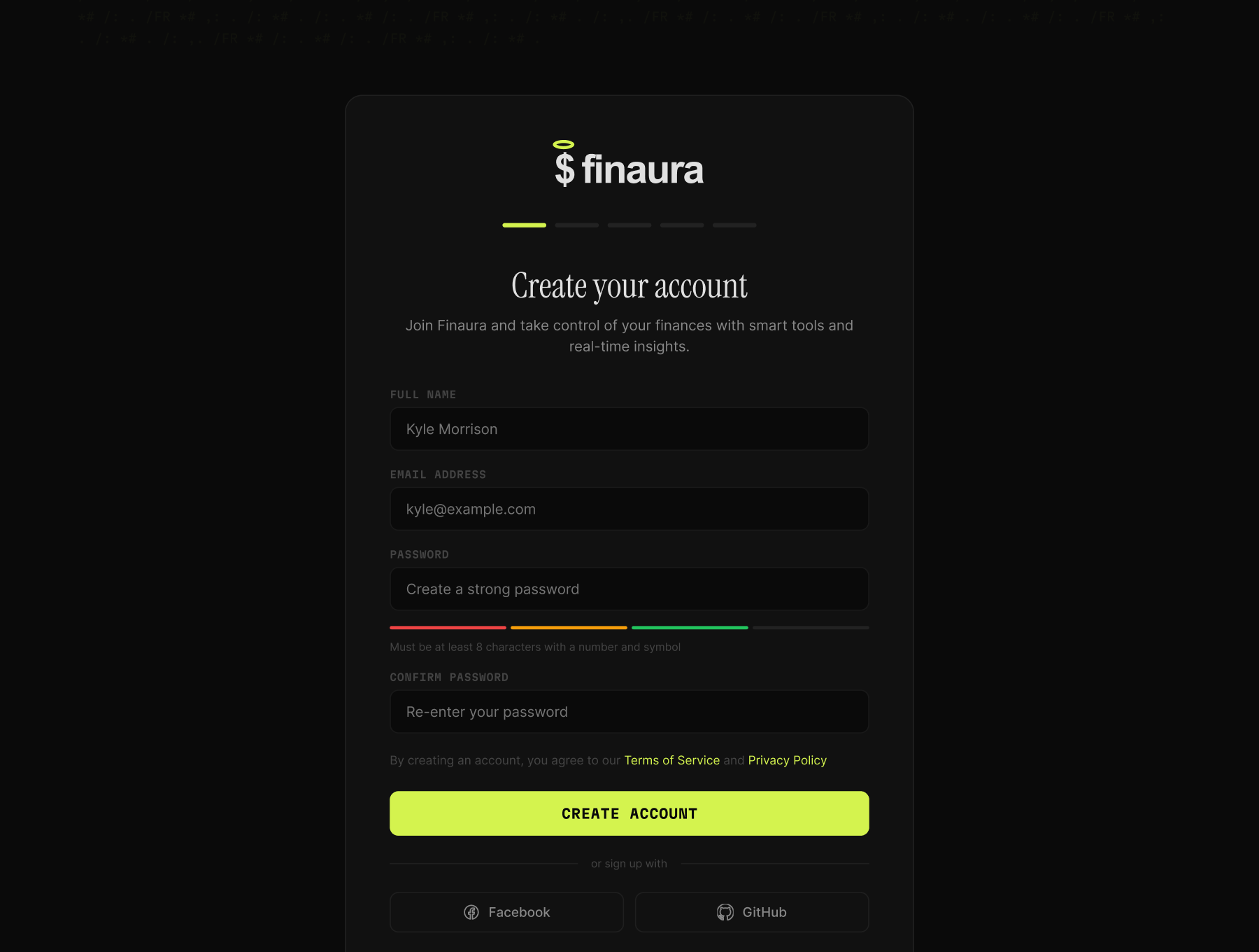 Finaura — Create your account onboarding flow
