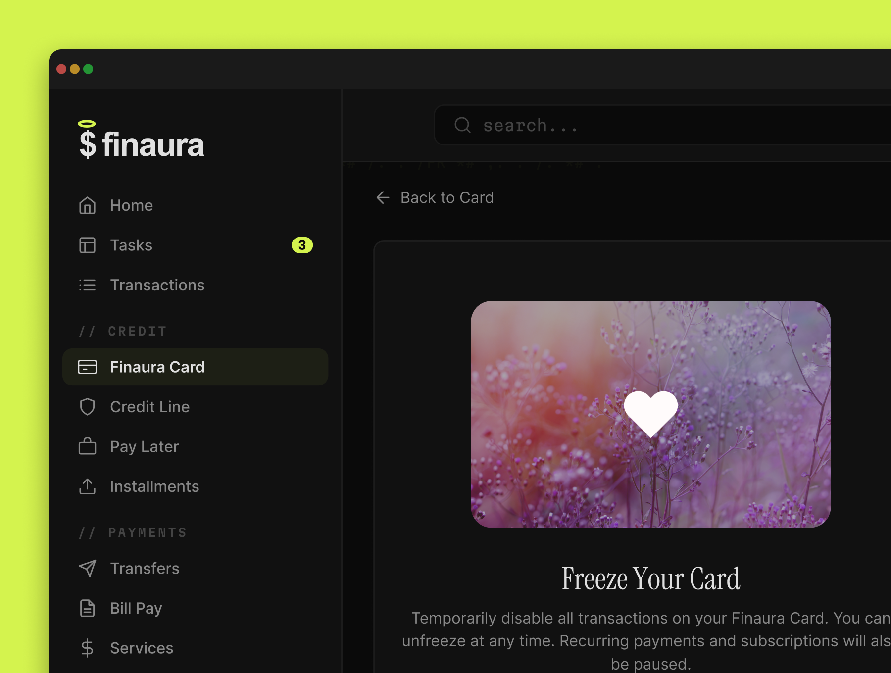 Finaura — Freeze your card with temporary disable and reason selection