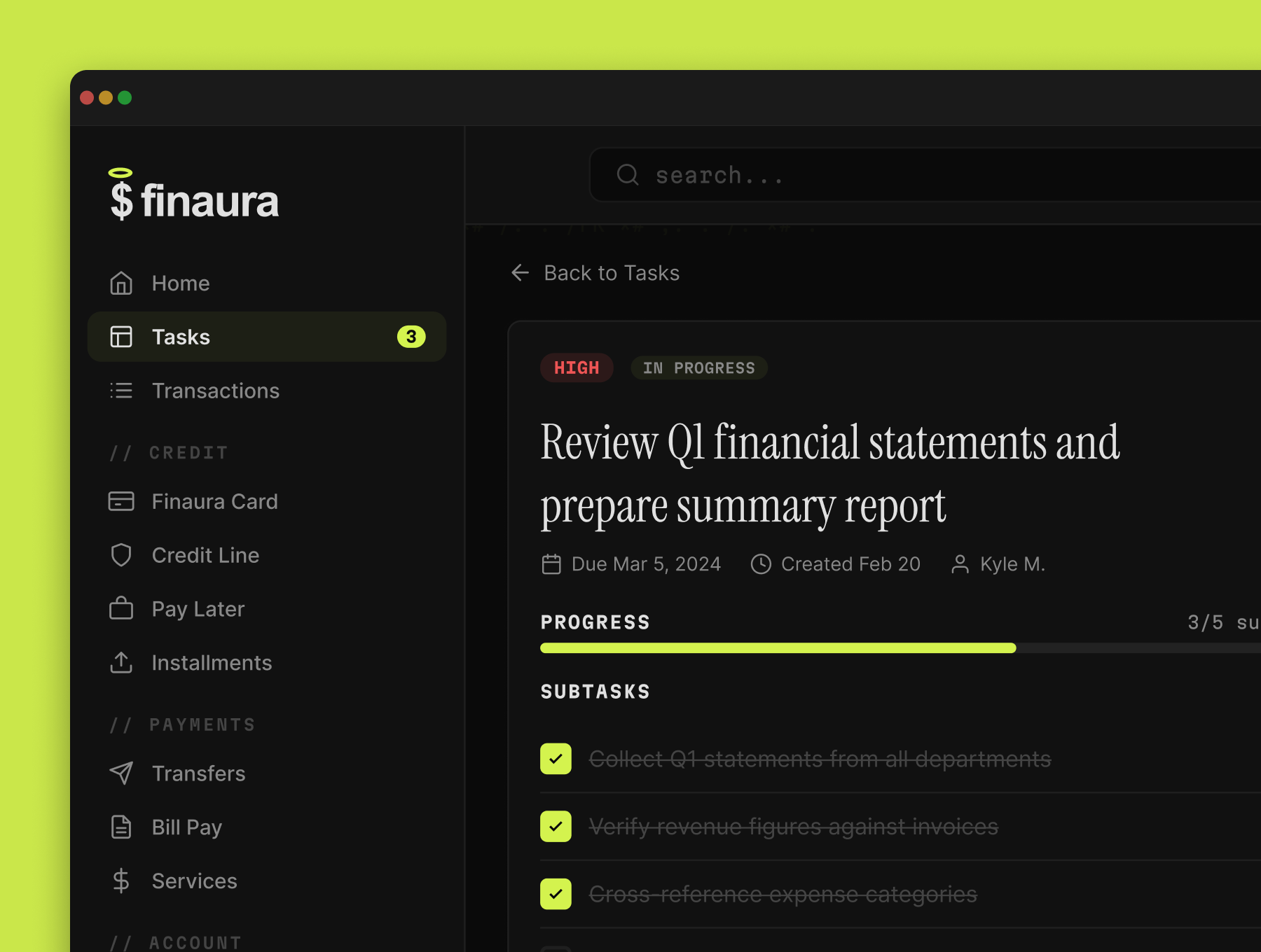 Finaura — Task detail view with subtasks and progress tracking